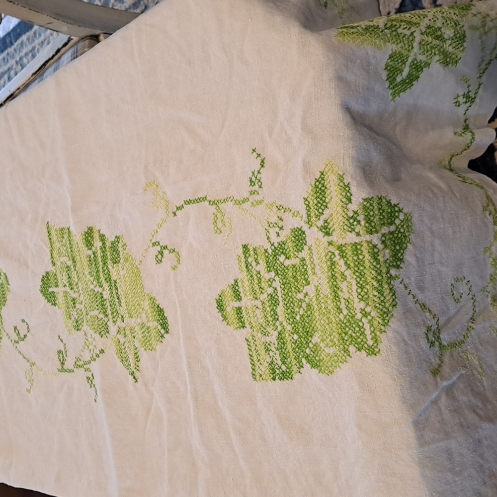 TABLECLOTH Cross-Stitch , Shades of Green 45.5"to 46" by 62" Grandma core Cottag